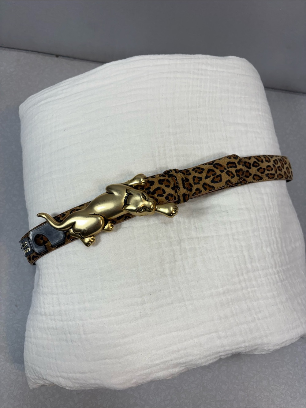 Leopard Print Skinny Belt with Gold Panther Buckle